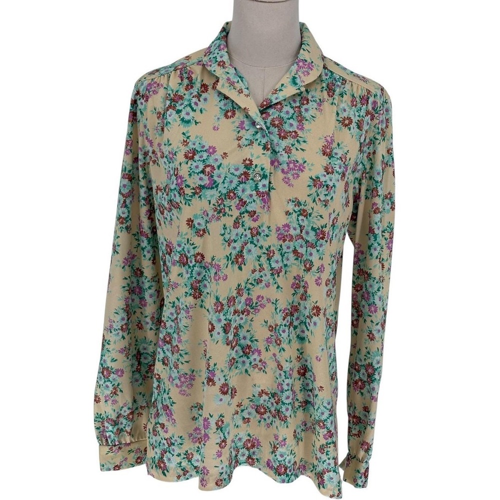 Vintage JCPenney Fashions Blouse Floral‎ Long Sleeve Button Front Tan Size 14